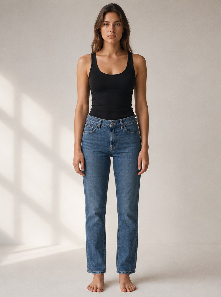 A woman standing straight for a full-length profile photo, in a tank top and jeans