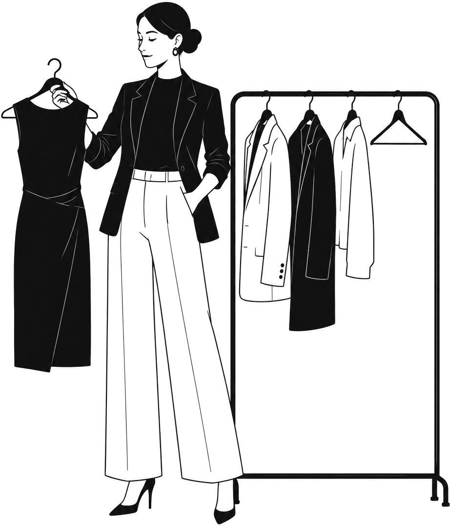 Line drawing of a woman choosing a dress from a clothing rail