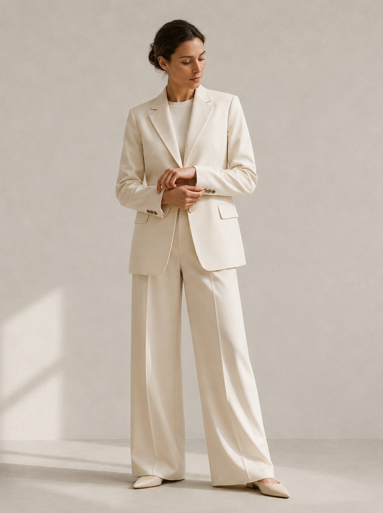 A woman in a bone tailored suit fastening a cuff button