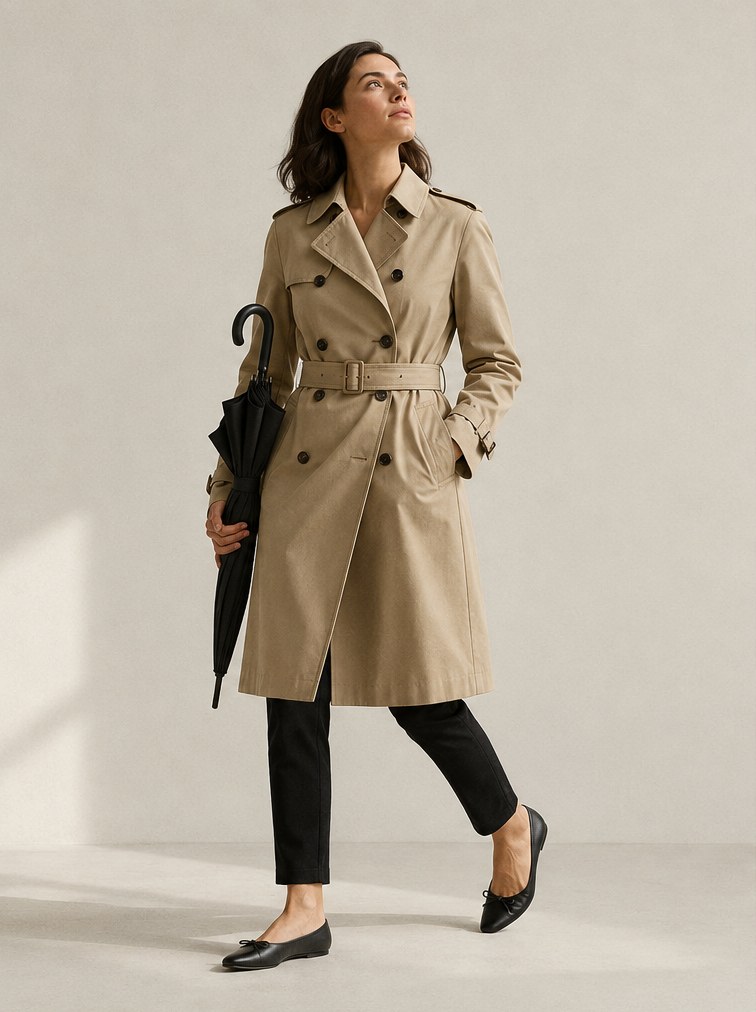 A woman in a trench coat glancing up at the sky, umbrella under one arm